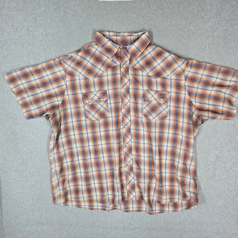 Wrangler Men Button Up Shirt 3XLT Orange Plaid Snap Western Sawtooth Pocket